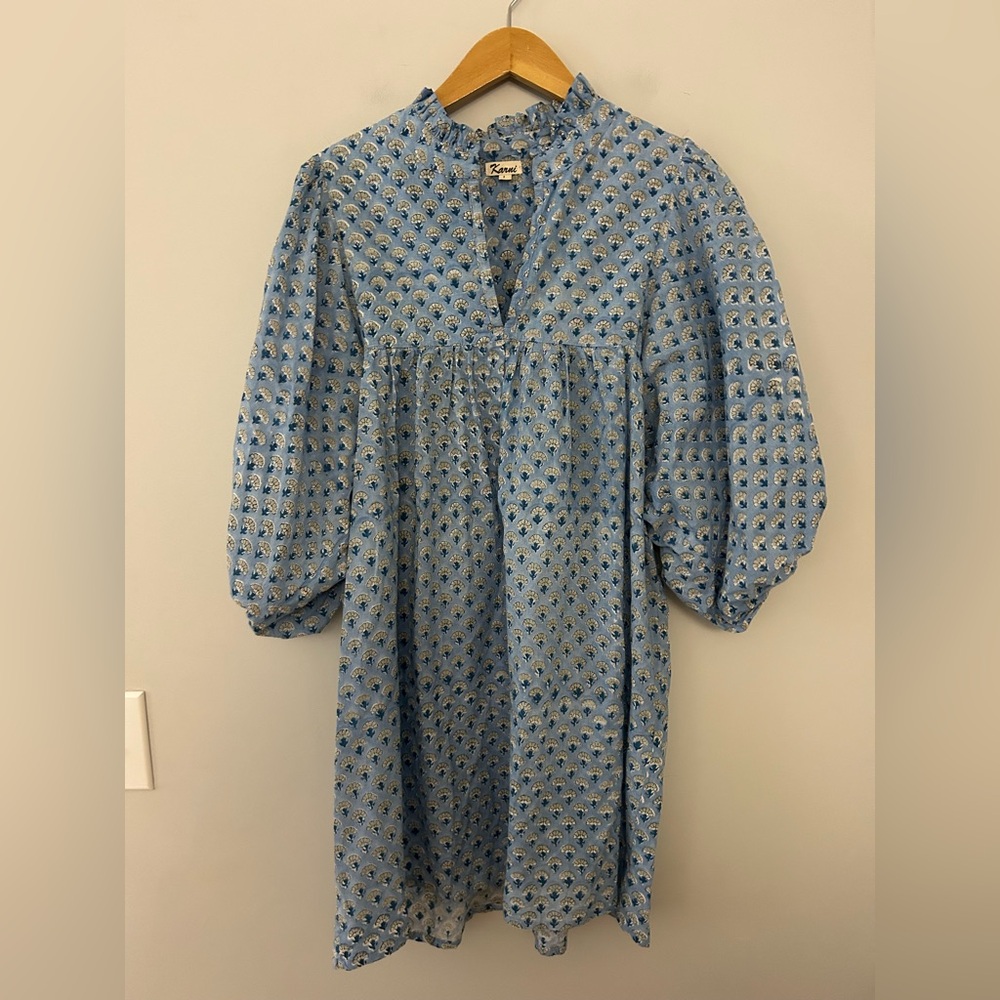 Karni Blue Floral Block Print Puff Sleeve Mini Dress